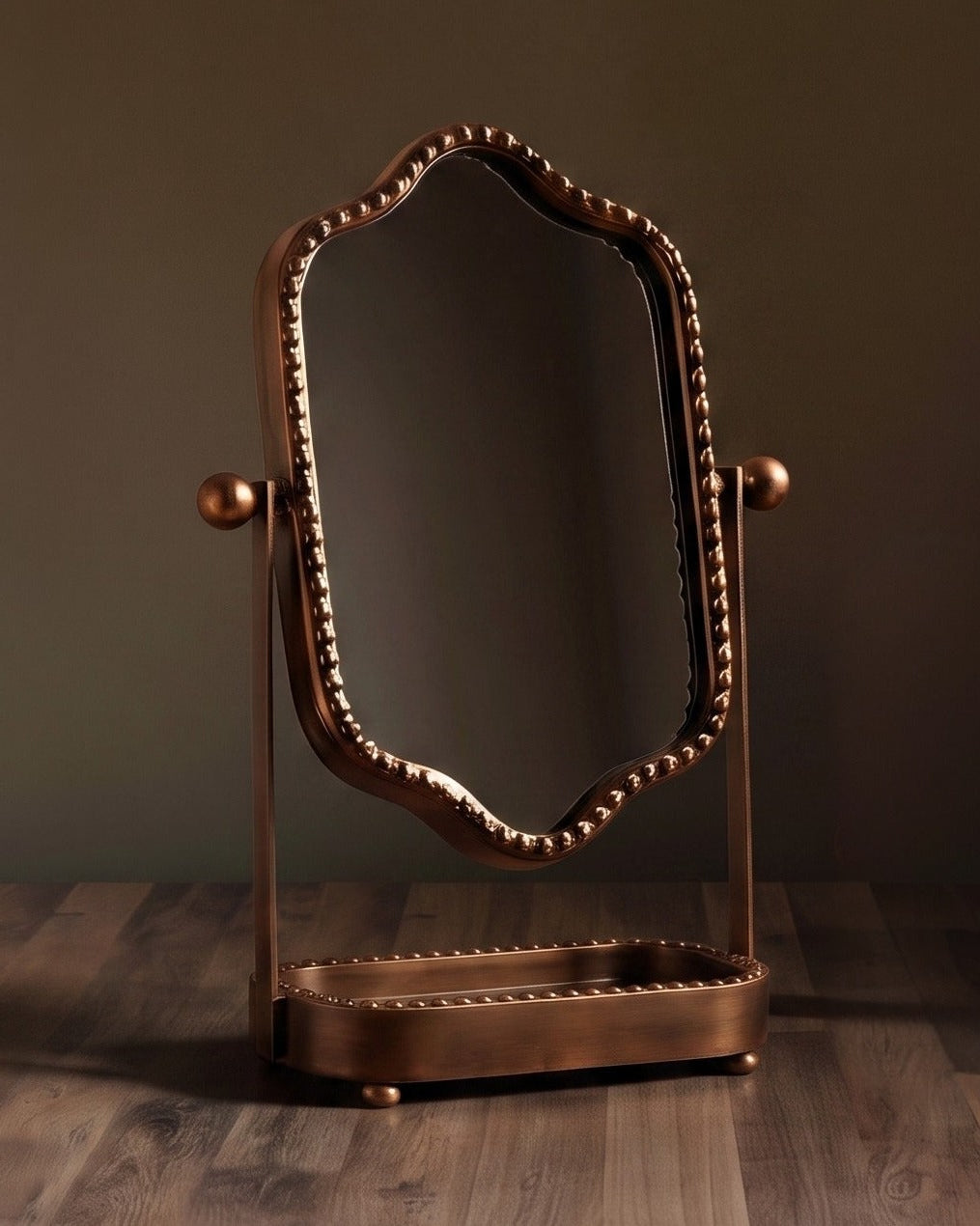 The Evangeline Antique Bronze Tabletop Vanity Mirror | An Artisan Swivel Vanity Mirror with Integrated Catch-All Tray