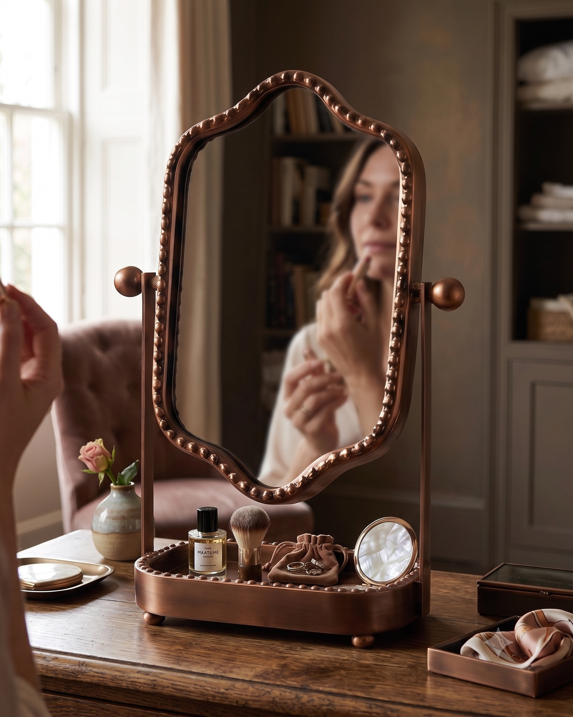 The Evangeline Antique Bronze Tabletop Vanity Mirror | An Artisan Swivel Vanity Mirror with Integrated Catch-All Tray