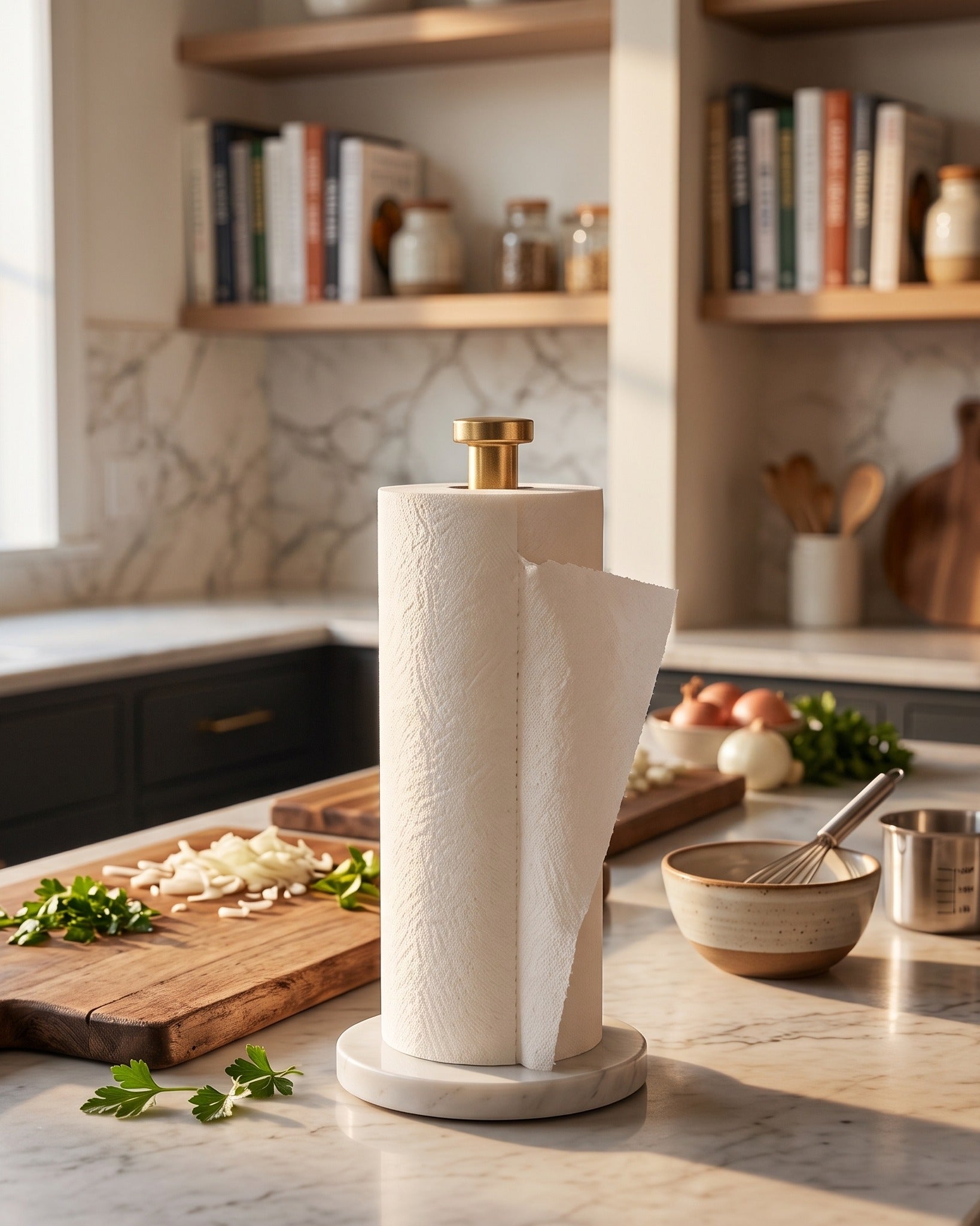 Aurelia Brushed Brass &amp; White Marble Freestanding Paper Towel Holder