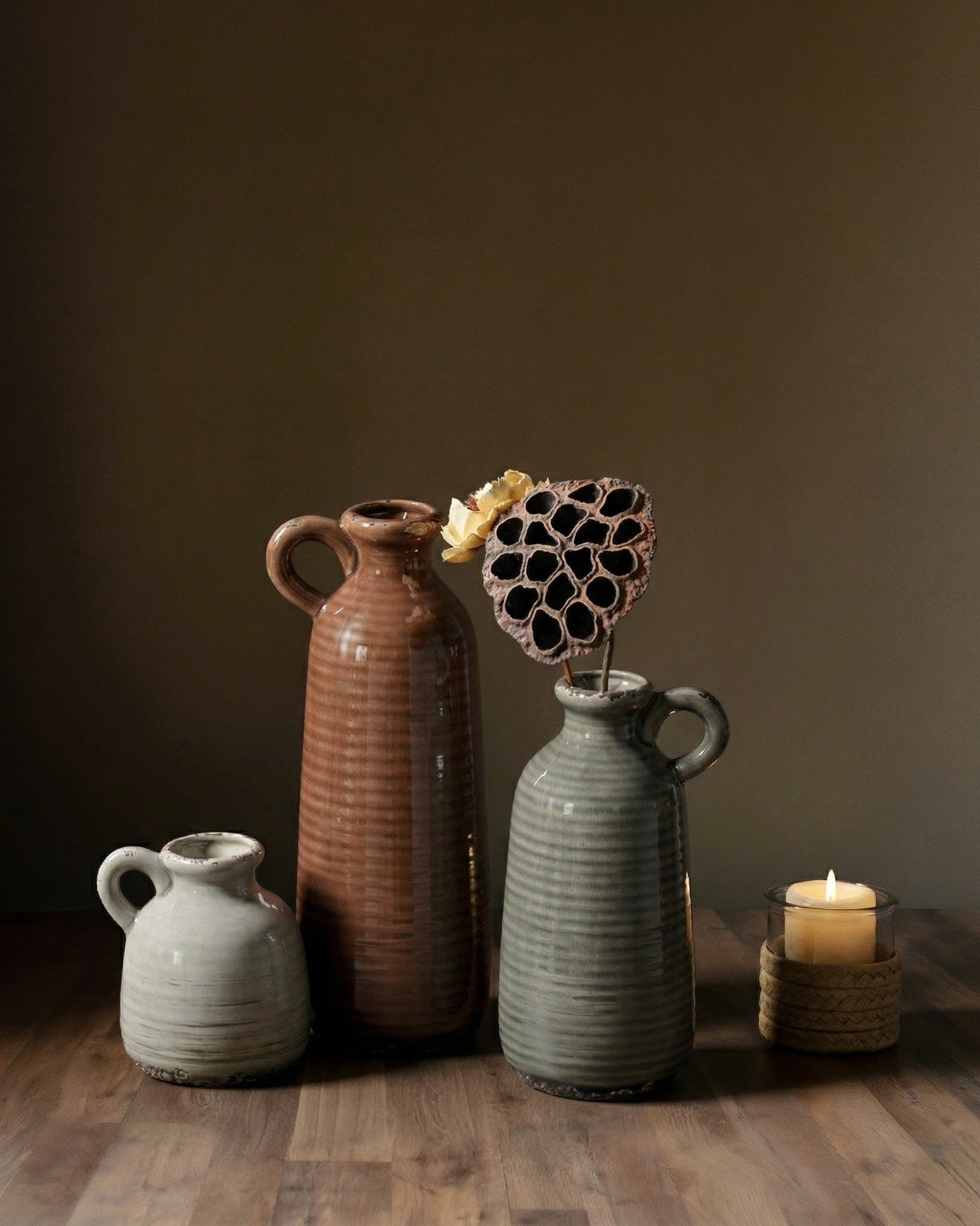 Rustic Trio of Hand-Thrown Ceramic Vase Set