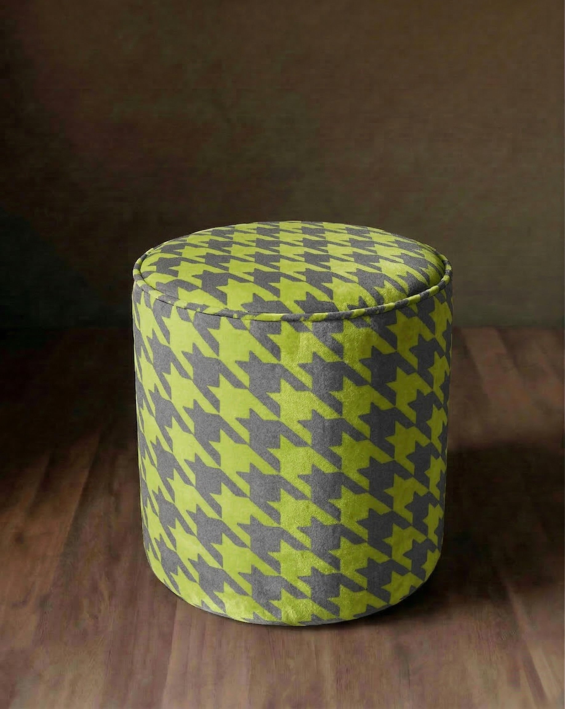 Auden Velvet Ottoman: Rich Chartreuse and Grey Houndstooth