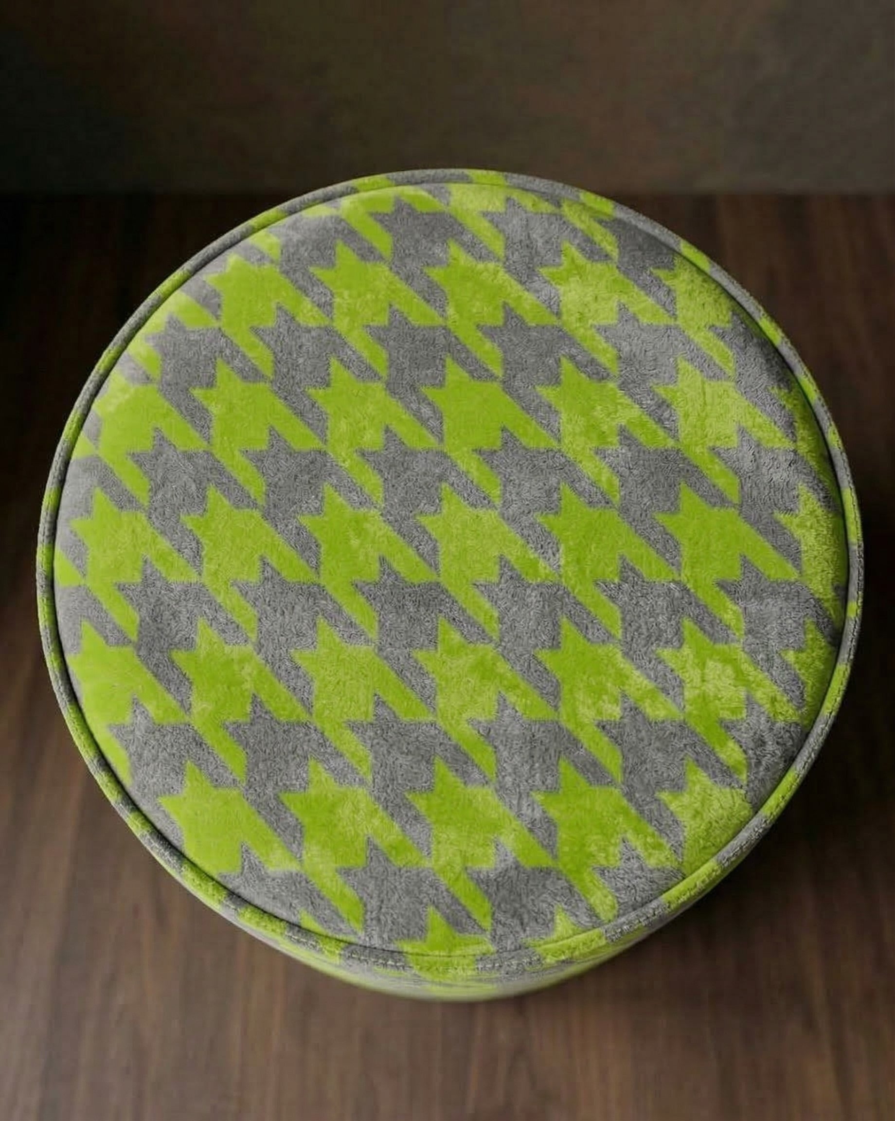 Auden Velvet Ottoman: Rich Chartreuse and Grey Houndstooth