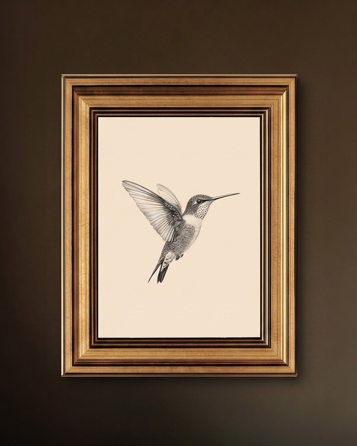 Vintage Hummingbird Sketch Artwork in Antique Gold Frame