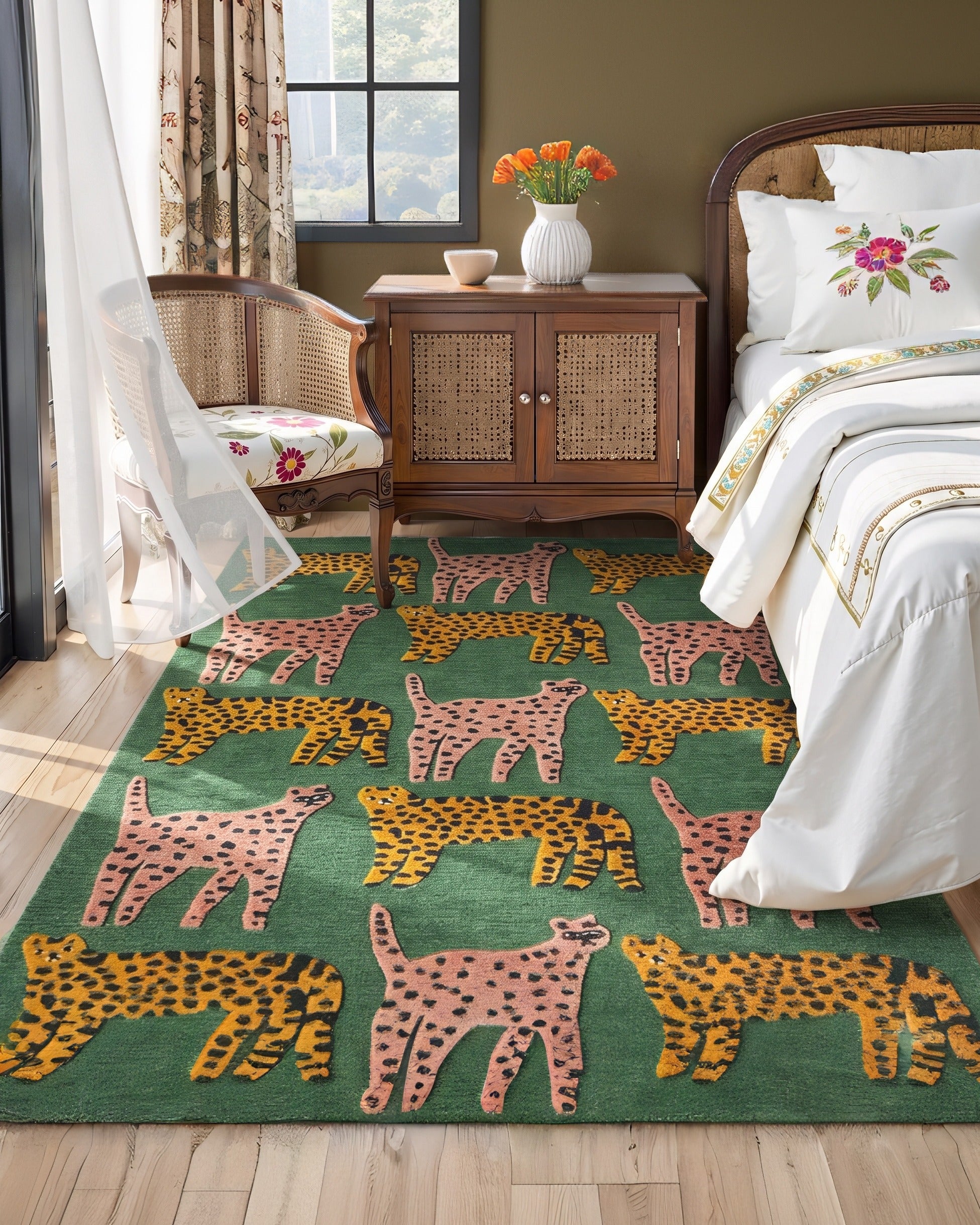 The Savanna Menagerie Wool Rug - Emerald &amp; Blush
