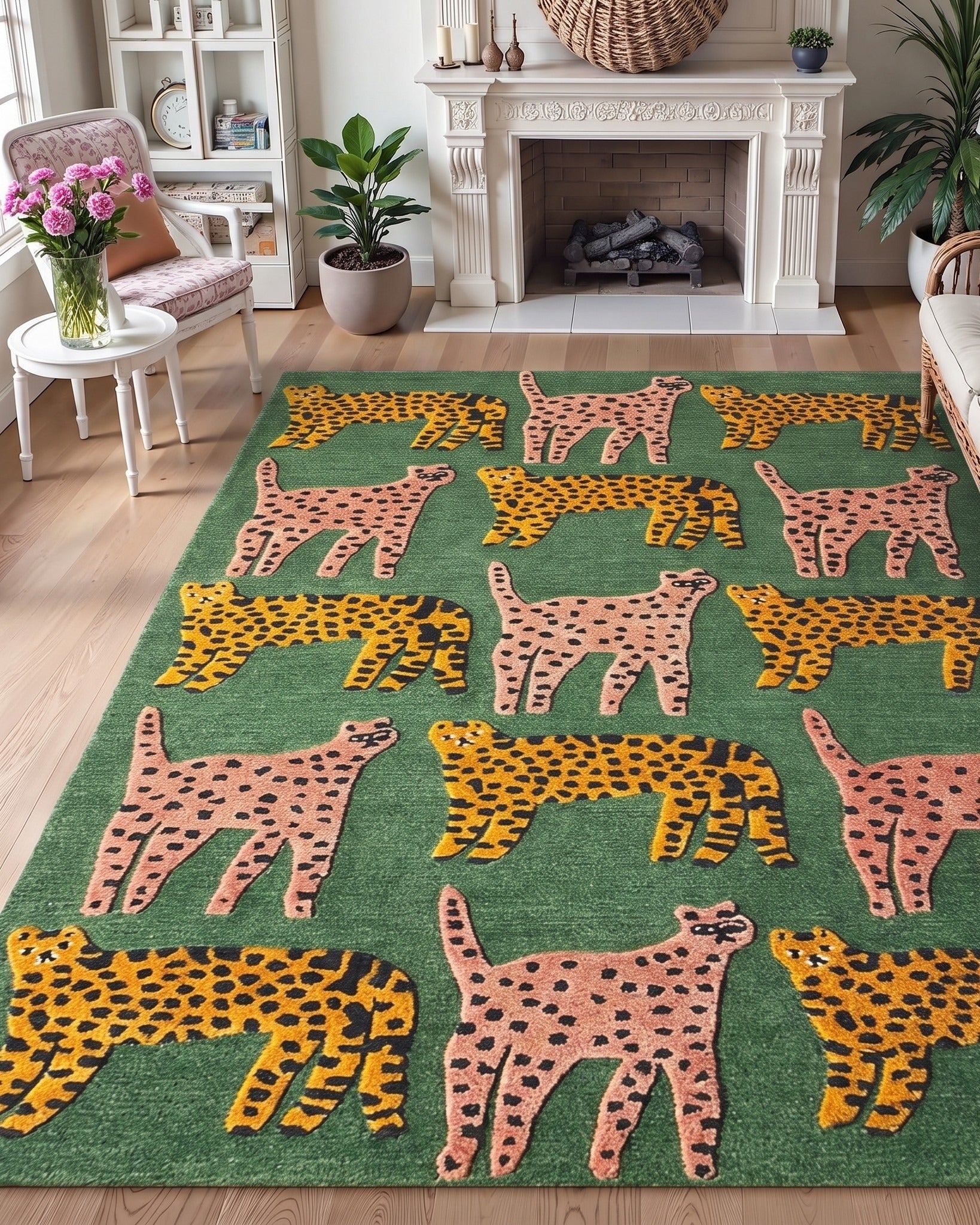 The Savanna Menagerie Wool Rug - Emerald &amp; Blush