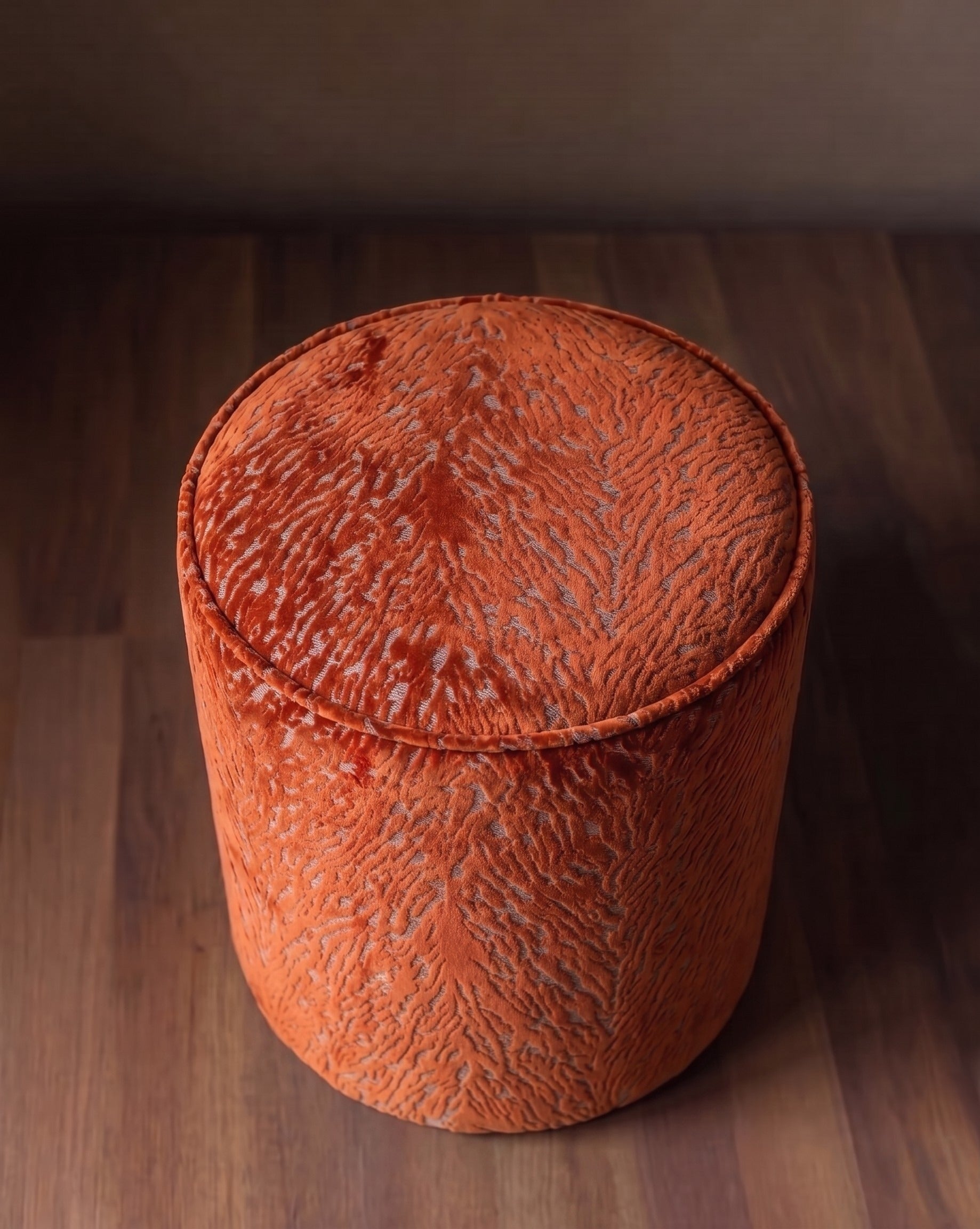 The Terracina Drum Ottoman in Velours de Bourgogne