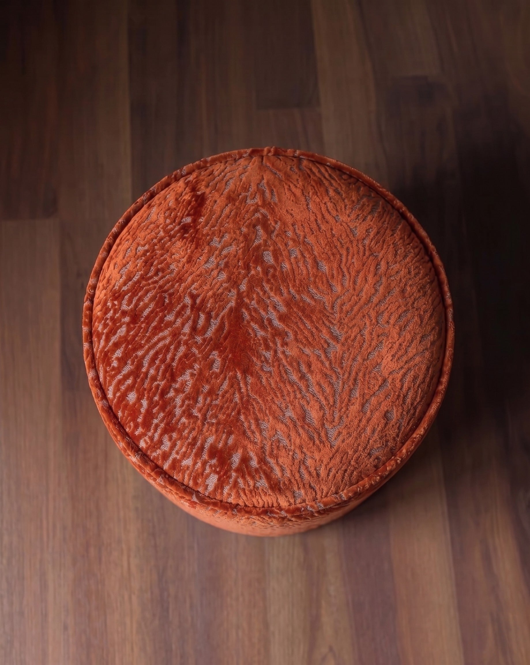 The Terracina Drum Ottoman in Velours de Bourgogne