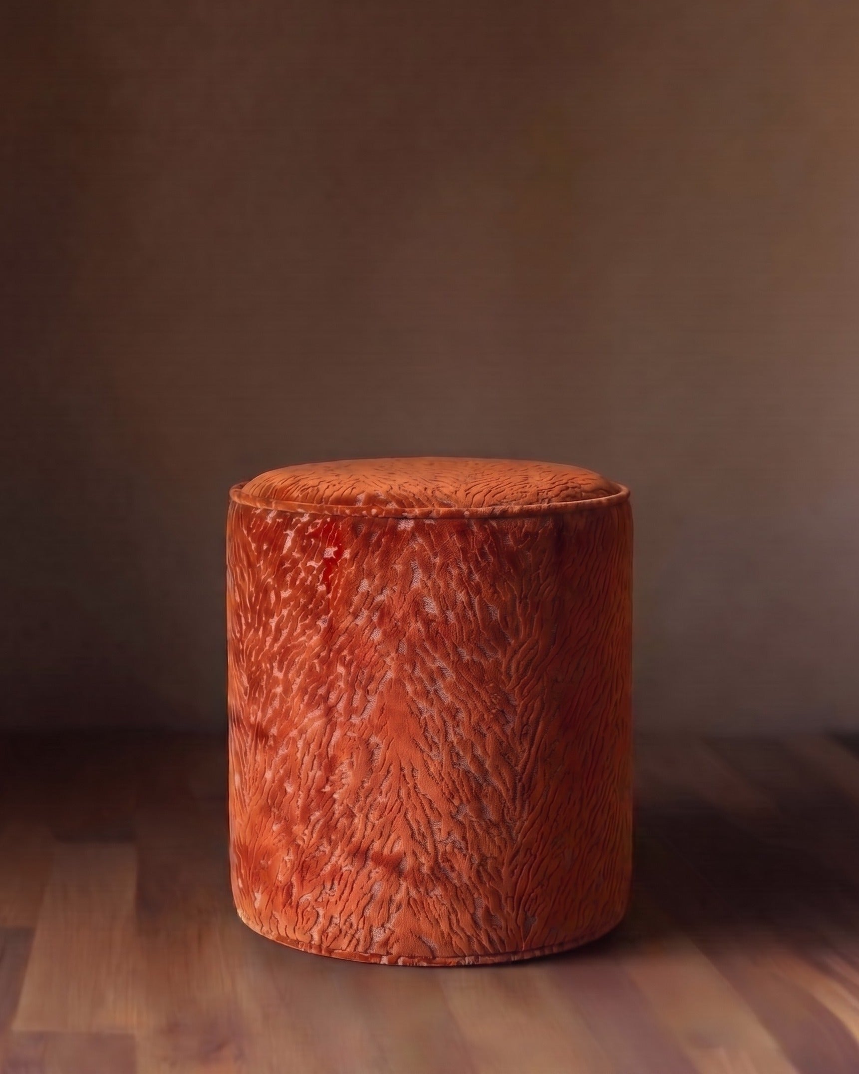 The Terracina Drum Ottoman in Velours de Bourgogne