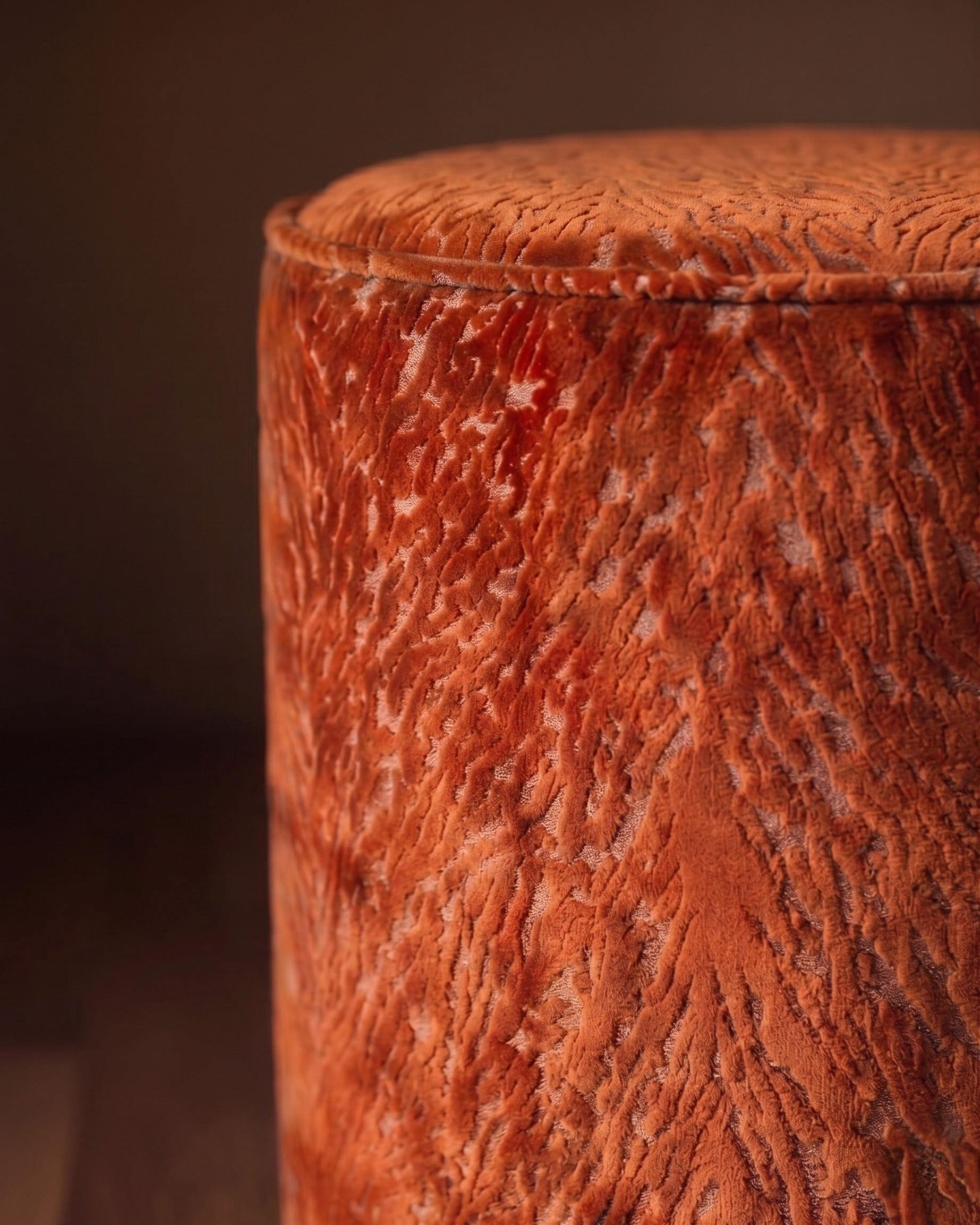 The Terracina Drum Ottoman in Velours de Bourgogne