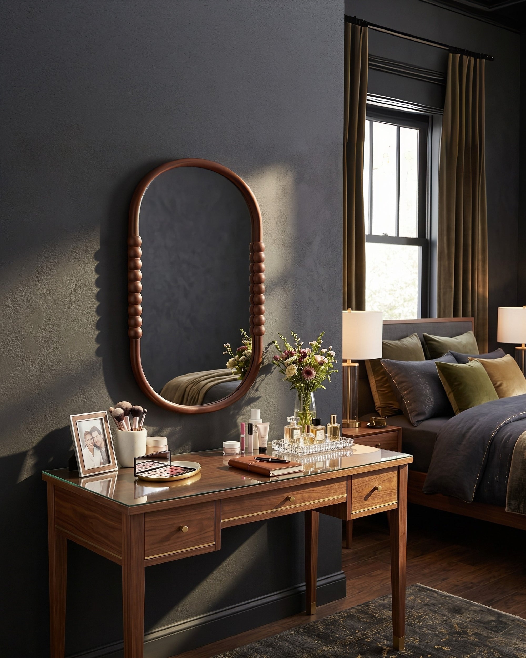 The Rowan Ovoid Artisanal Beaded Mirror in Natural Oak