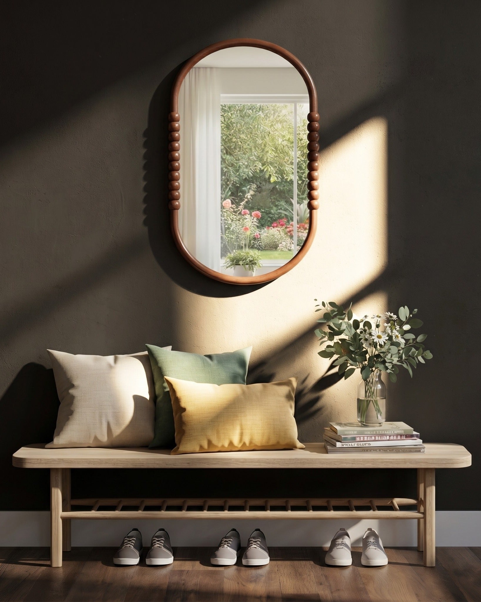 The Rowan Ovoid Artisanal Beaded Mirror in Natural Oak