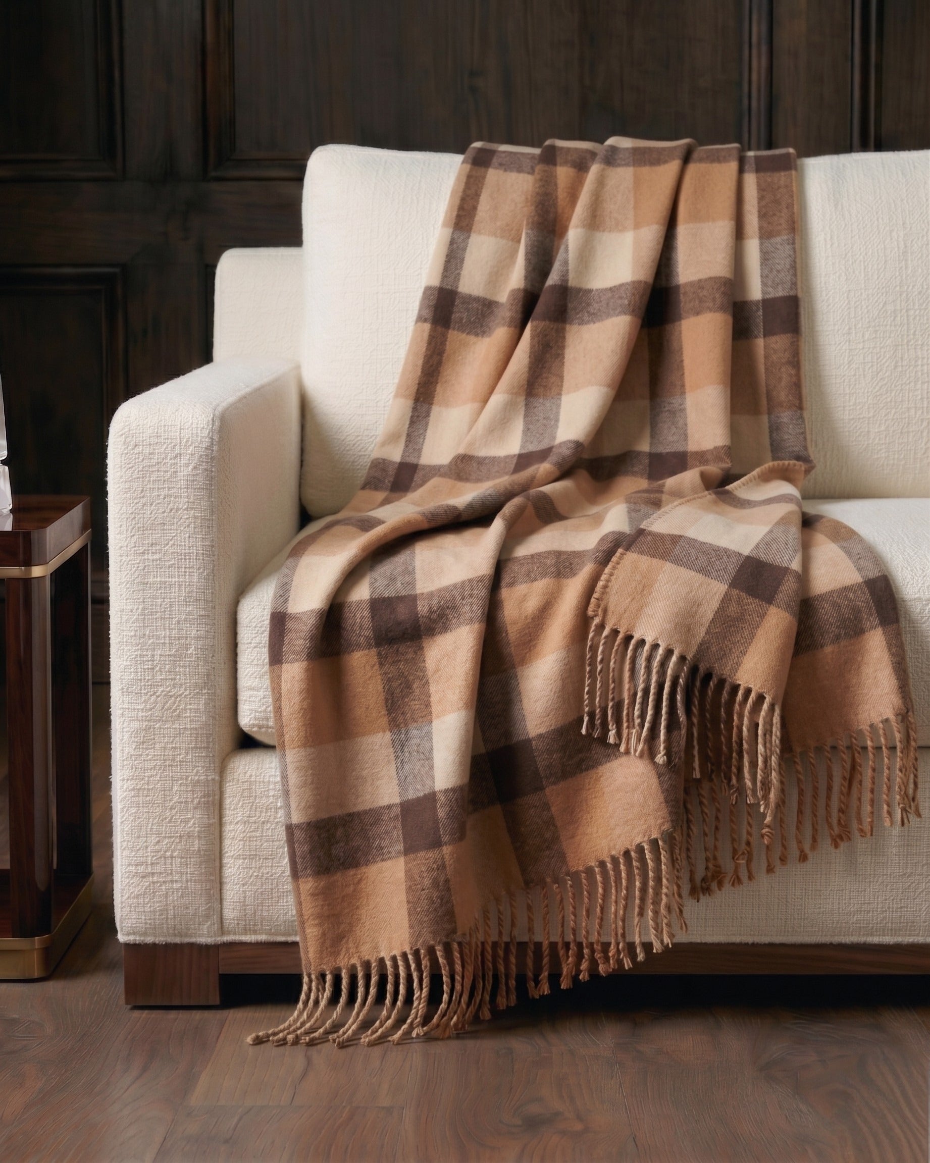Ascot Legacy Heirloom Cashmere Throw – Camel &amp; Taupe Plaid