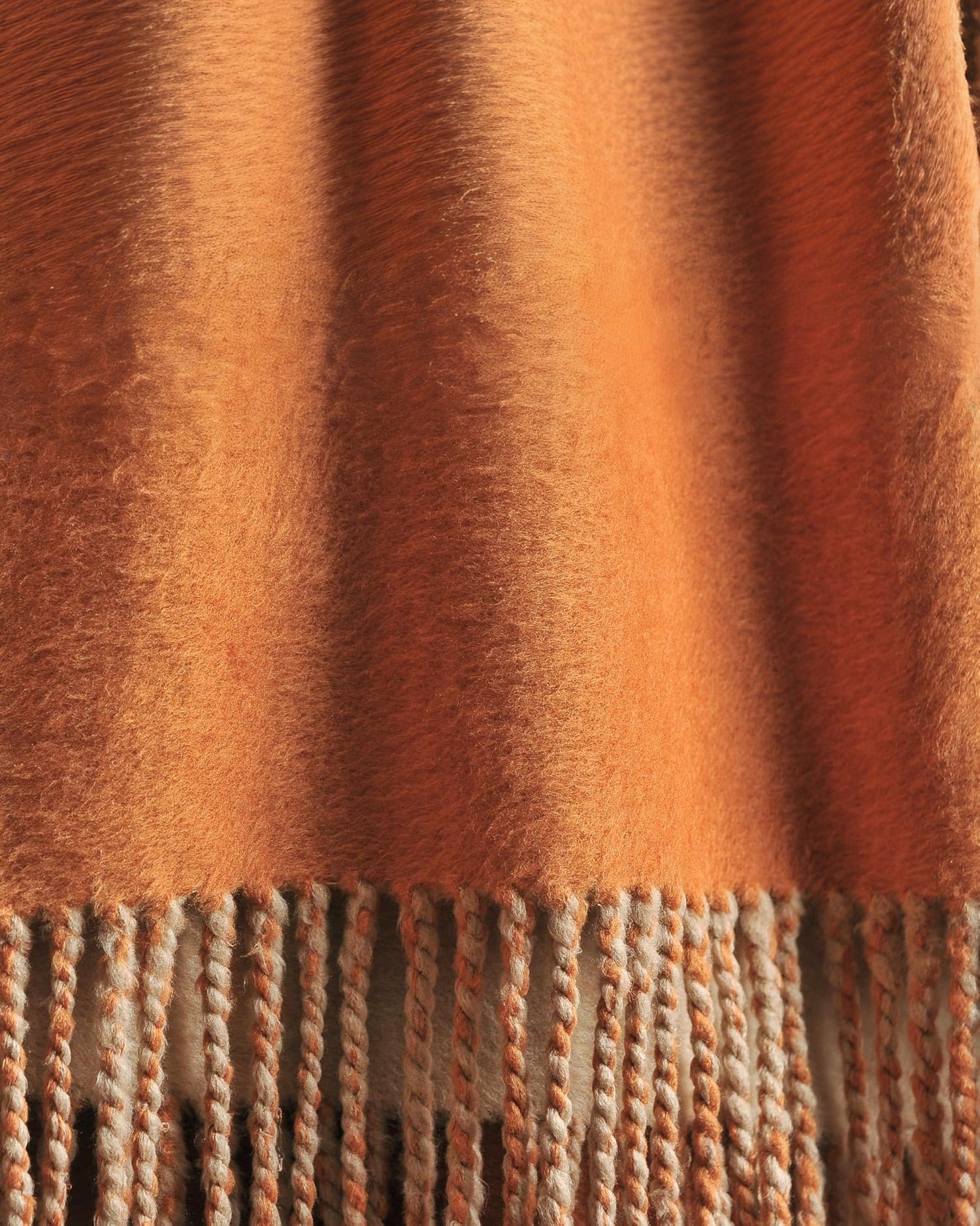 A Breath of Nature's Comfort: Fringed Mulberry Silk Throw Blanket - Terracotta/Camel