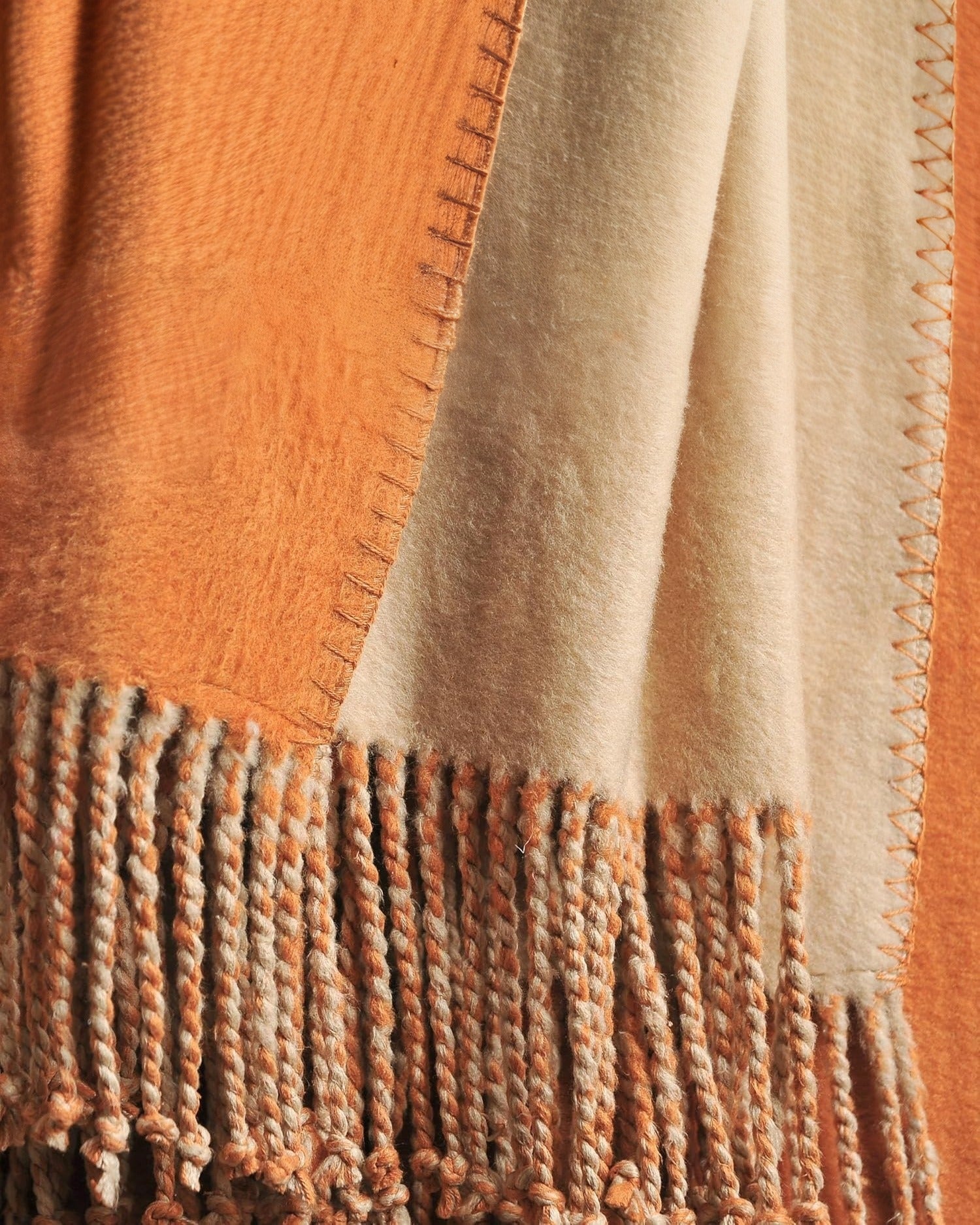 A Breath of Nature's Comfort: Fringed Mulberry Silk Throw Blanket - Terracotta/Camel