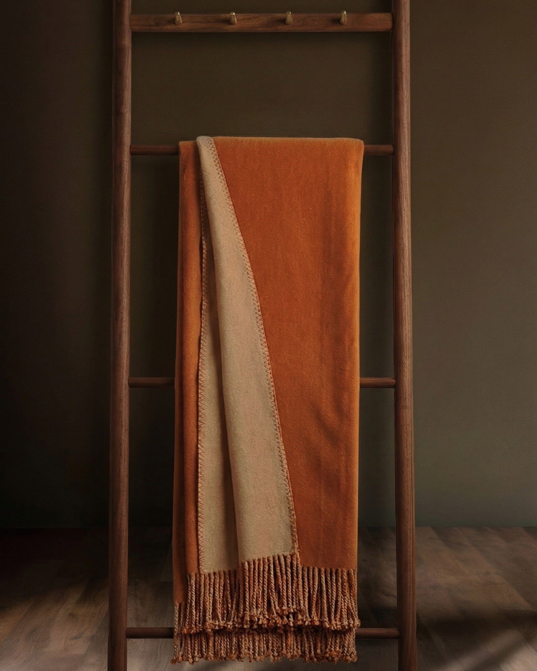 A Breath of Nature's Comfort: Fringed Mulberry Silk Throw Blanket - Terracotta/Camel