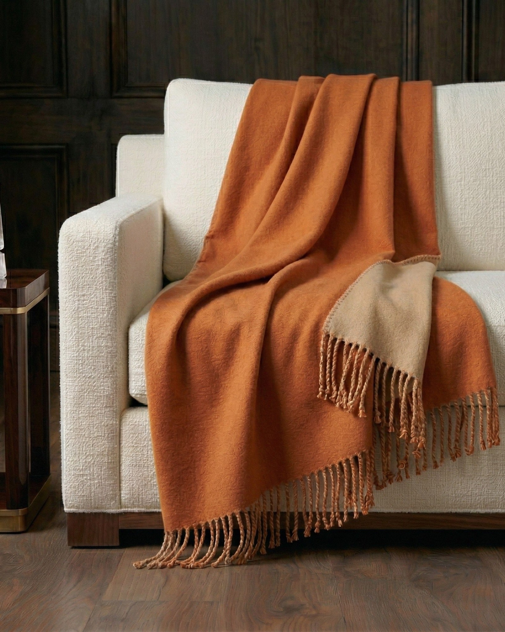 A Breath of Nature's Comfort: Fringed Mulberry Silk Throw Blanket - Terracotta/Camel
