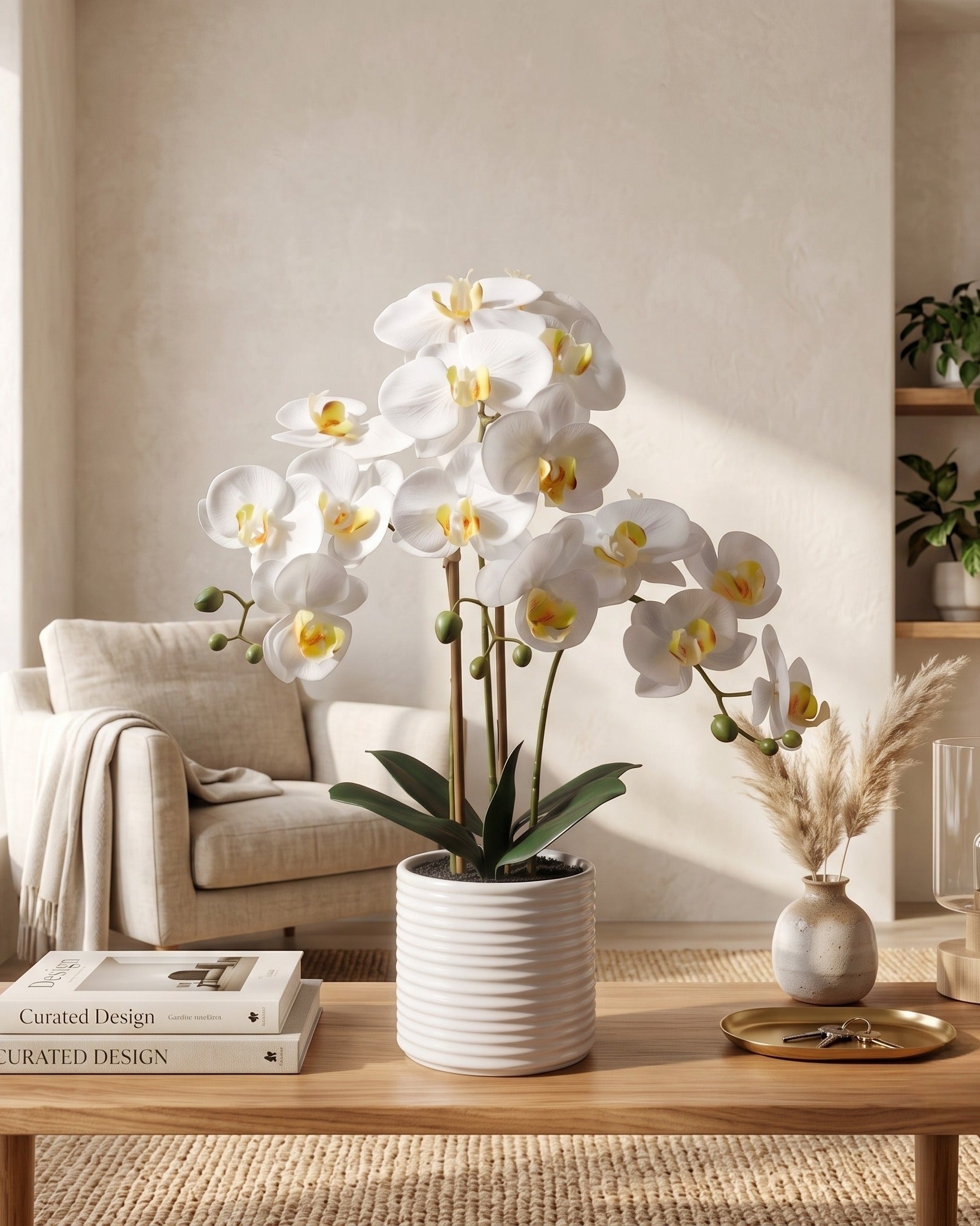 The Botanical Orchid Arrangement  Elegant Phalaenopsis Stems in Fluted Ceramic Vessel