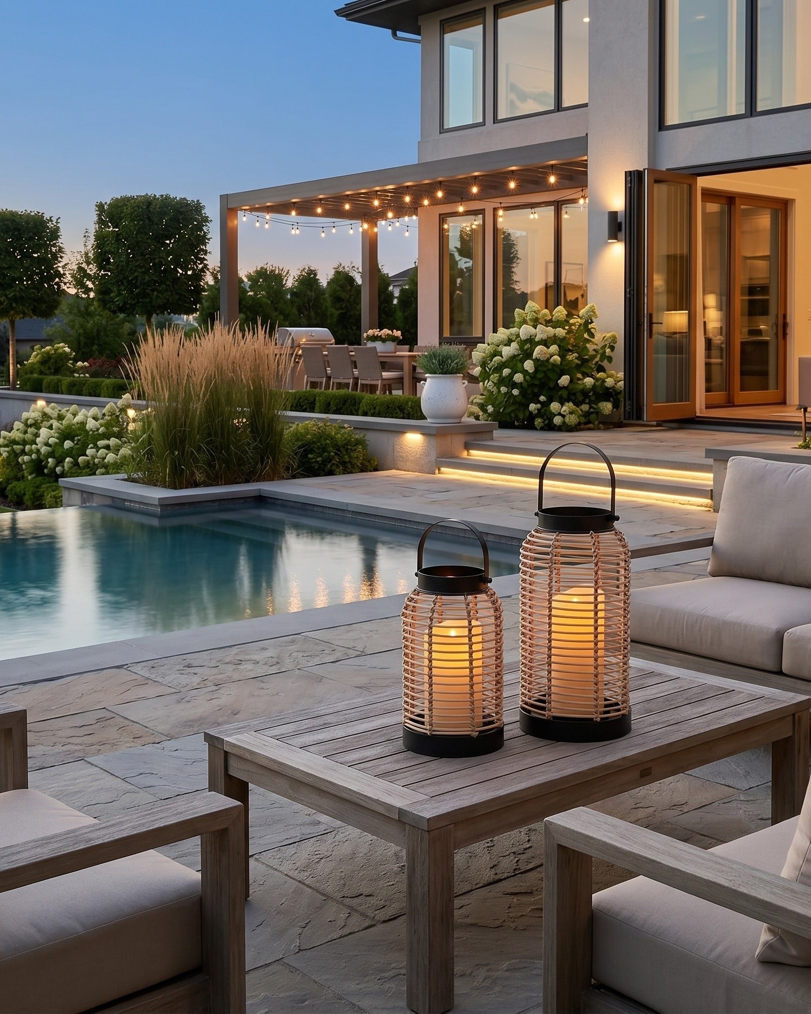 Malia Rattan &amp; Matte Black Geometric Lanterns