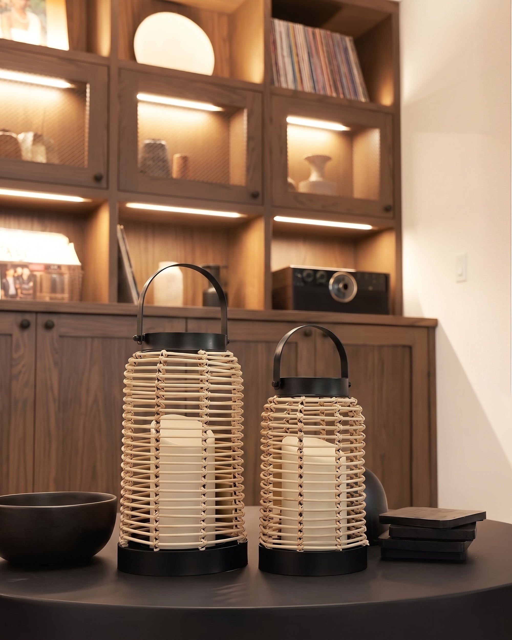 Malia Rattan &amp; Matte Black Geometric Lanterns
