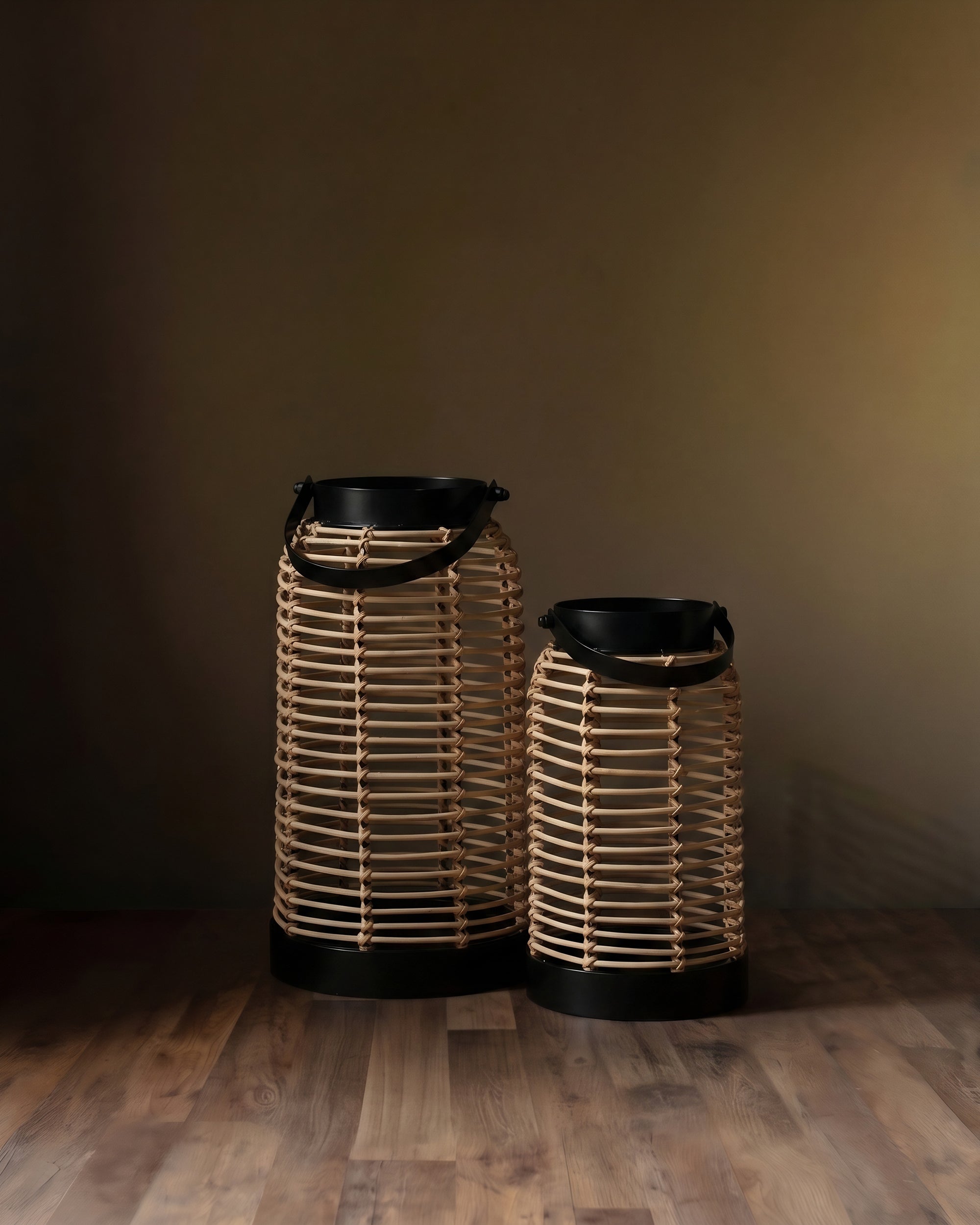 Malia Rattan &amp; Matte Black Geometric Lanterns