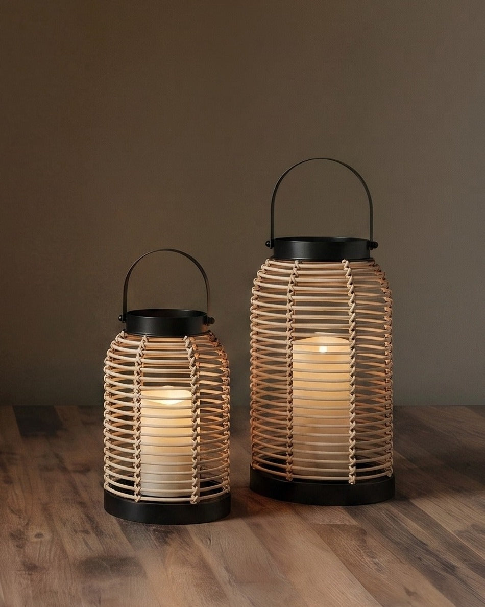 Malia Rattan &amp; Matte Black Geometric Lanterns