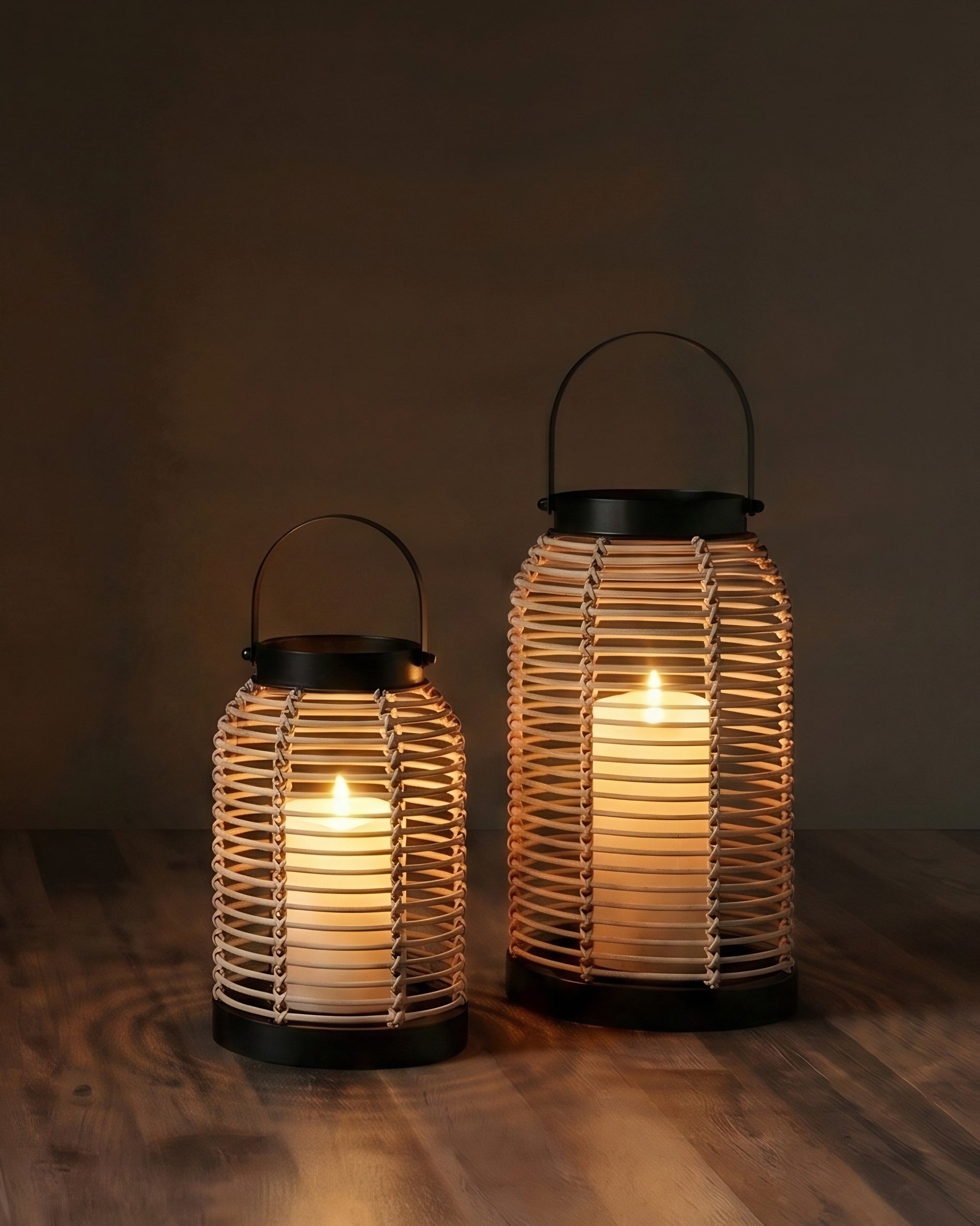 Malia Rattan &amp; Matte Black Geometric Lanterns