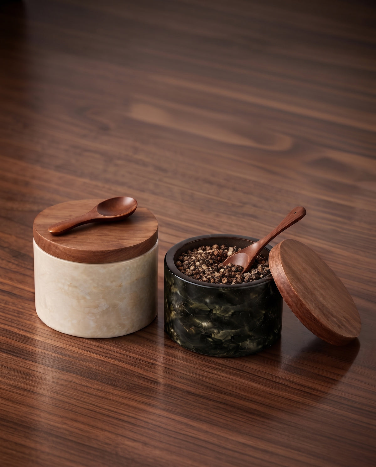 The Obsidian &amp; Cream Marble Salt &amp; Pepper Cellar Set