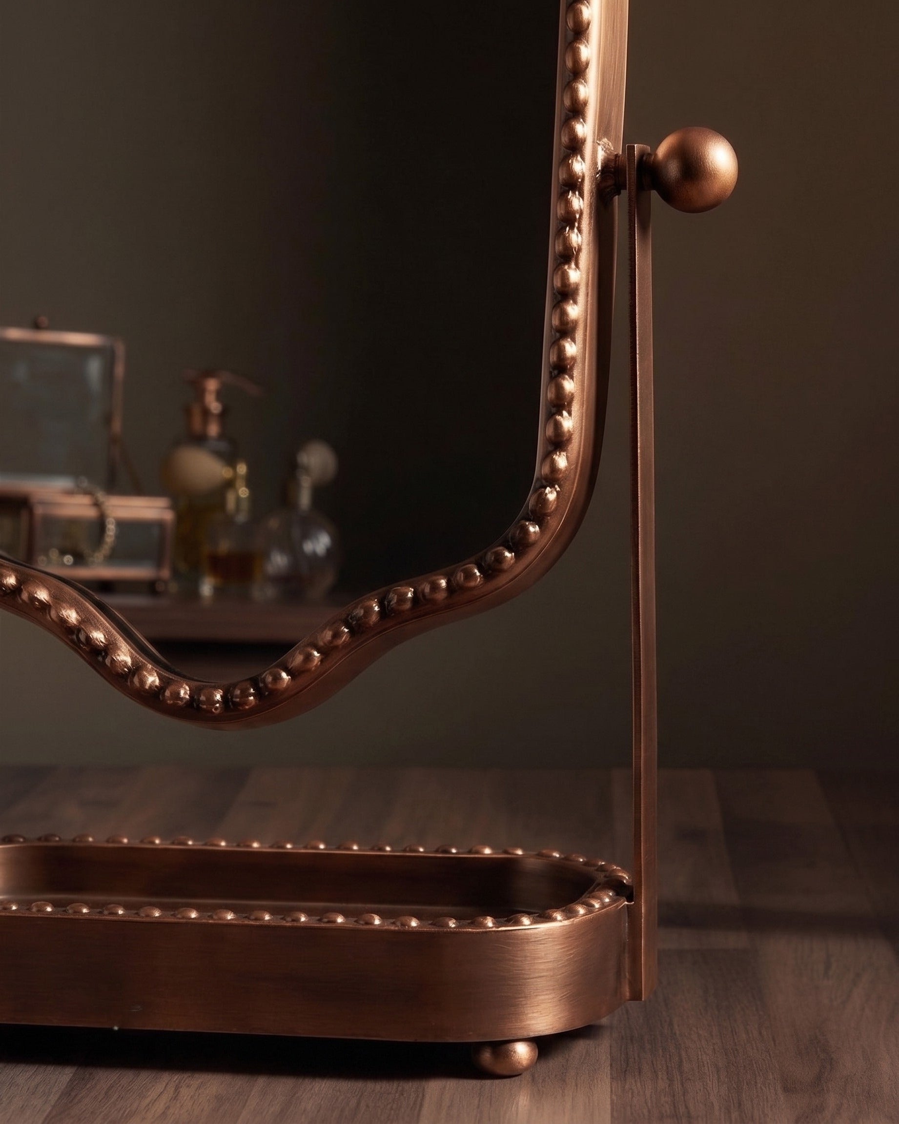 The Evangeline Antique Bronze Tabletop Vanity Mirror | An Artisan Swivel Vanity Mirror with Integrated Catch-All Tray