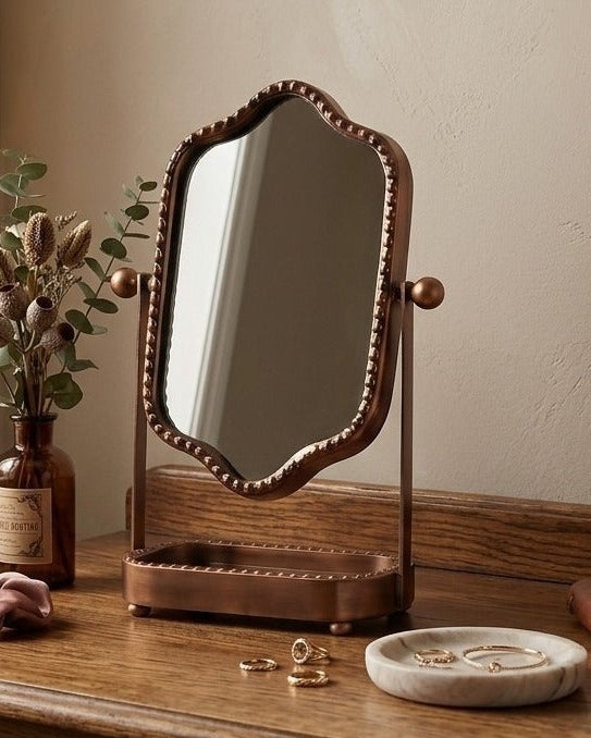 The Evangeline Antique Bronze Tabletop Vanity Mirror | An Artisan Swivel Vanity Mirror with Integrated Catch-All Tray