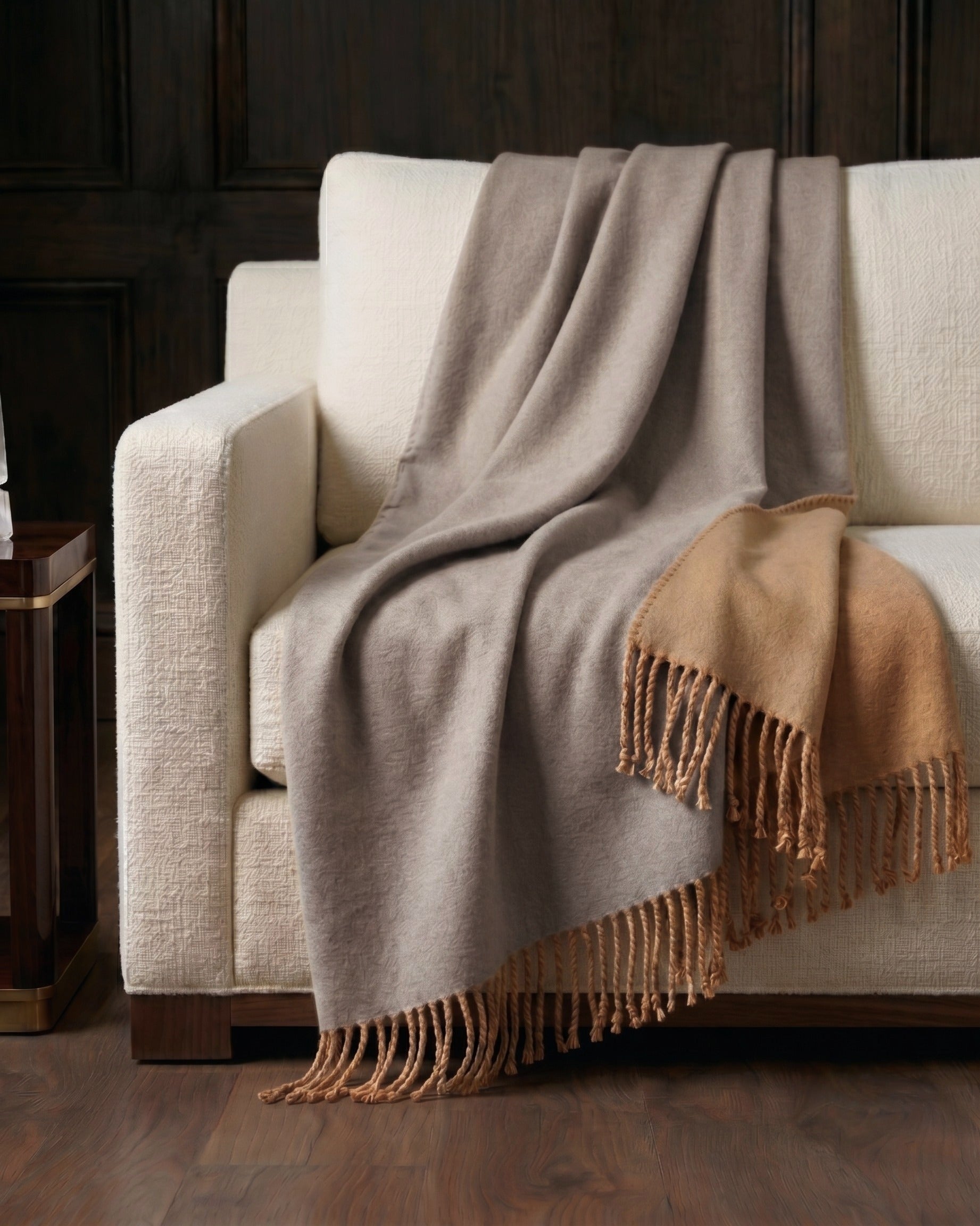 A Breath of Nature's Comfort: Fringed Mulberry Silk Throw Blanket - Charcoal/Camel