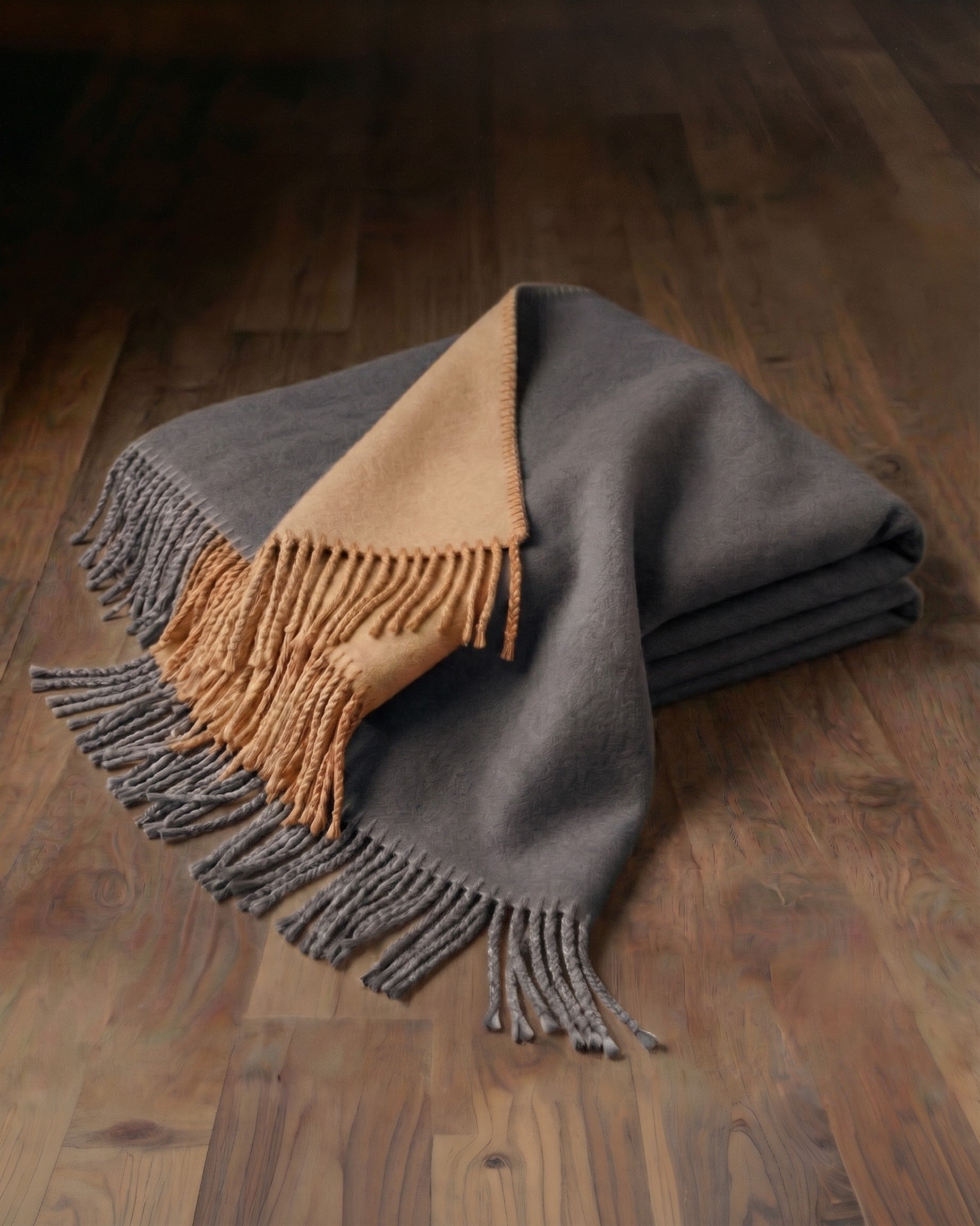 A Breath of Nature's Comfort: Fringed Mulberry Silk Throw Blanket - Charcoal/Camel
