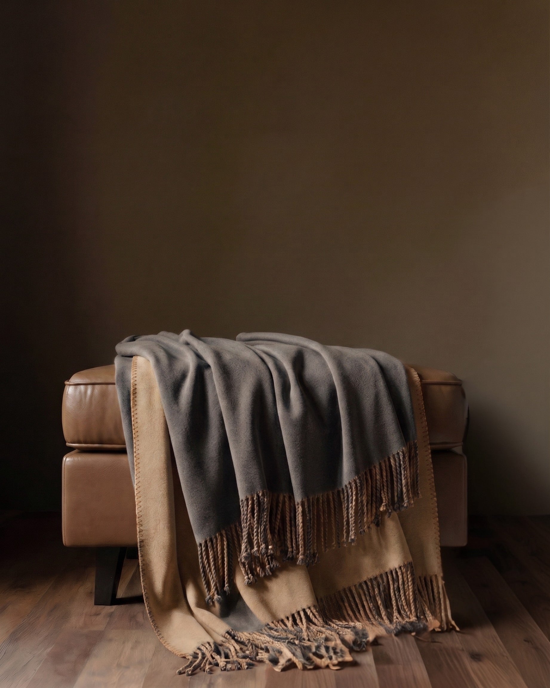 A Breath of Nature's Comfort: Fringed Mulberry Silk Throw Blanket - Charcoal/Camel