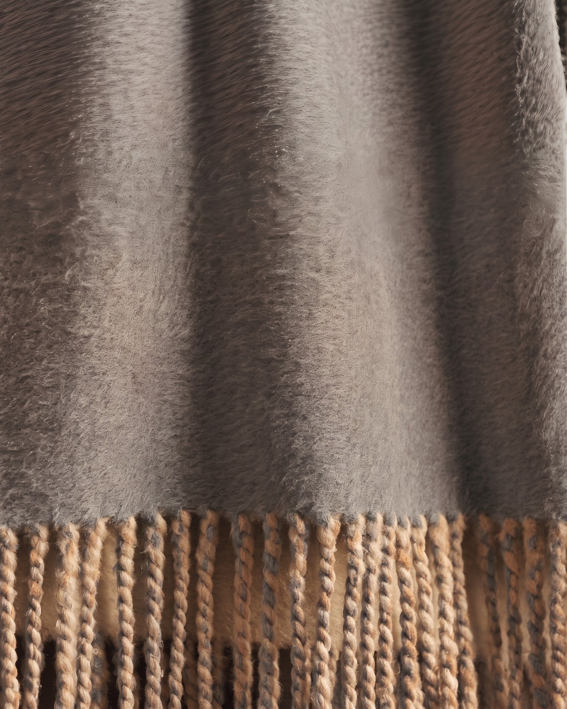 A Breath of Nature's Comfort: Fringed Mulberry Silk Throw Blanket - Charcoal/Camel