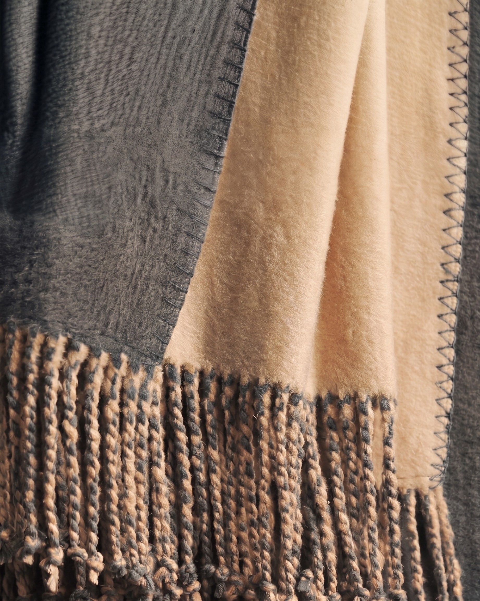 A Breath of Nature's Comfort: Fringed Mulberry Silk Throw Blanket - Charcoal/Camel