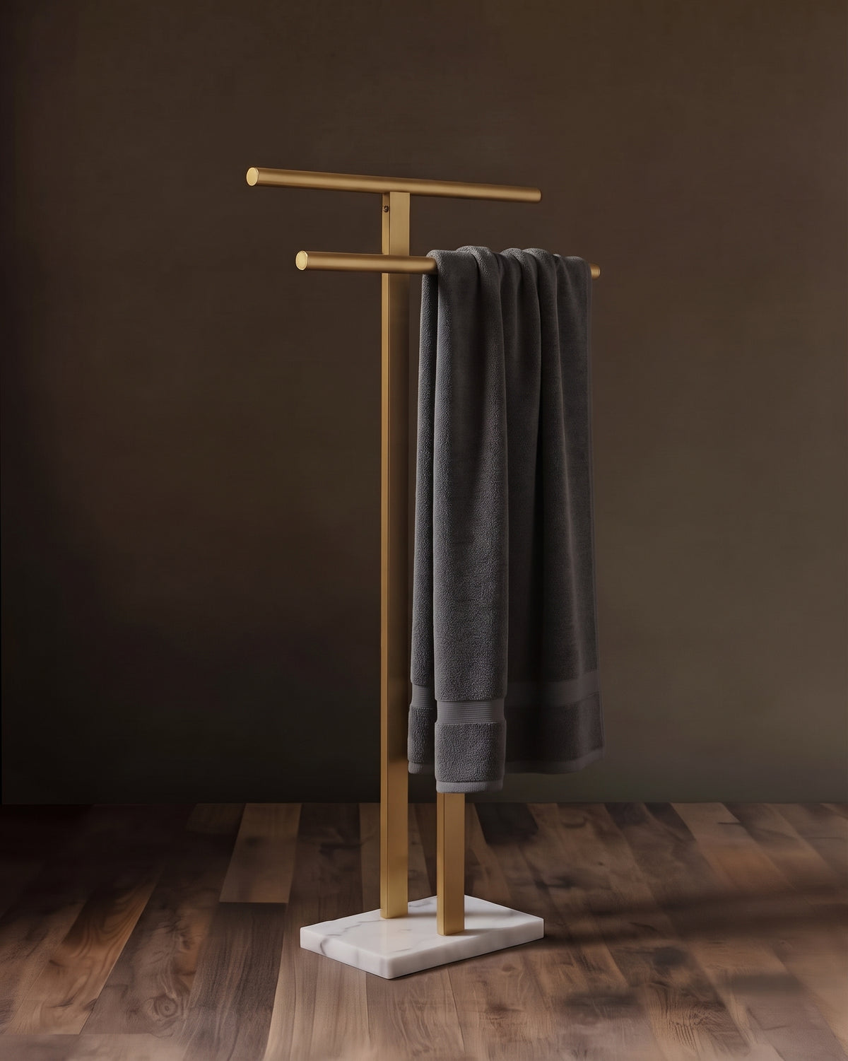 Vesper Luminary Free-Standing Dual-Tier Towel Concierge in Brushed Brass &amp; Carrara Marble