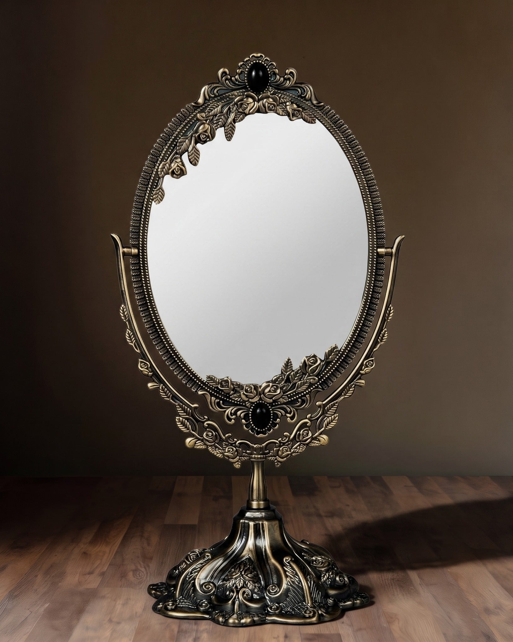 The Renaissance Oval Swivel Mirror  Ornate Dual-Sided Tabletop Vanity Mirror in Antique Bronze Finish