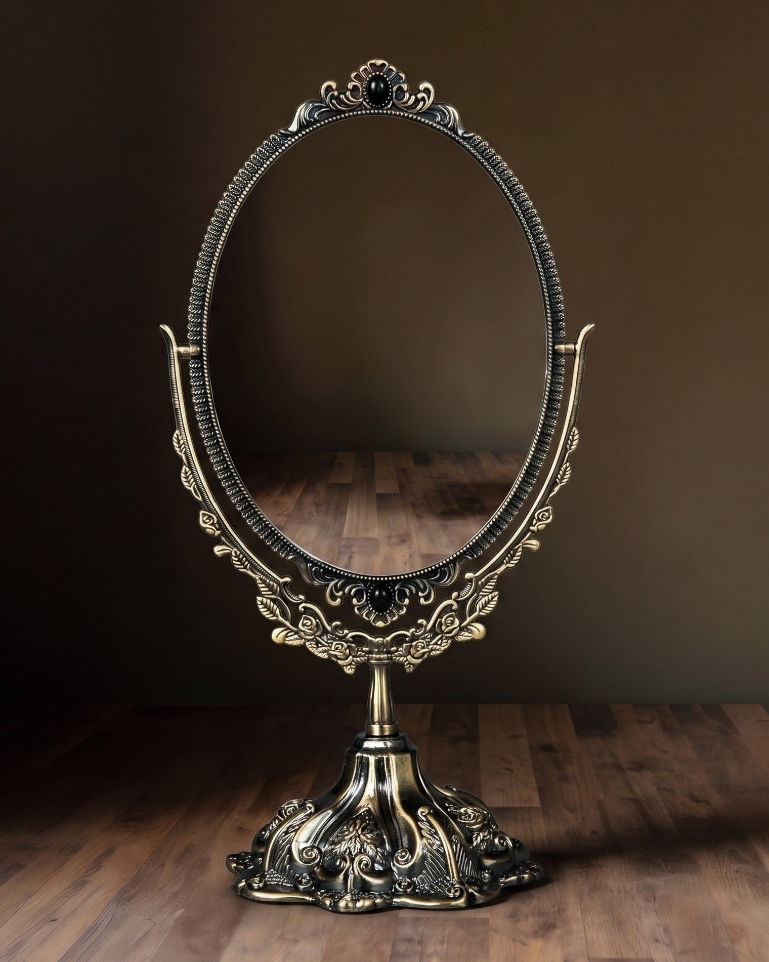 The Renaissance Oval Swivel Mirror  Ornate Dual-Sided Tabletop Vanity Mirror in Antique Bronze Finish
