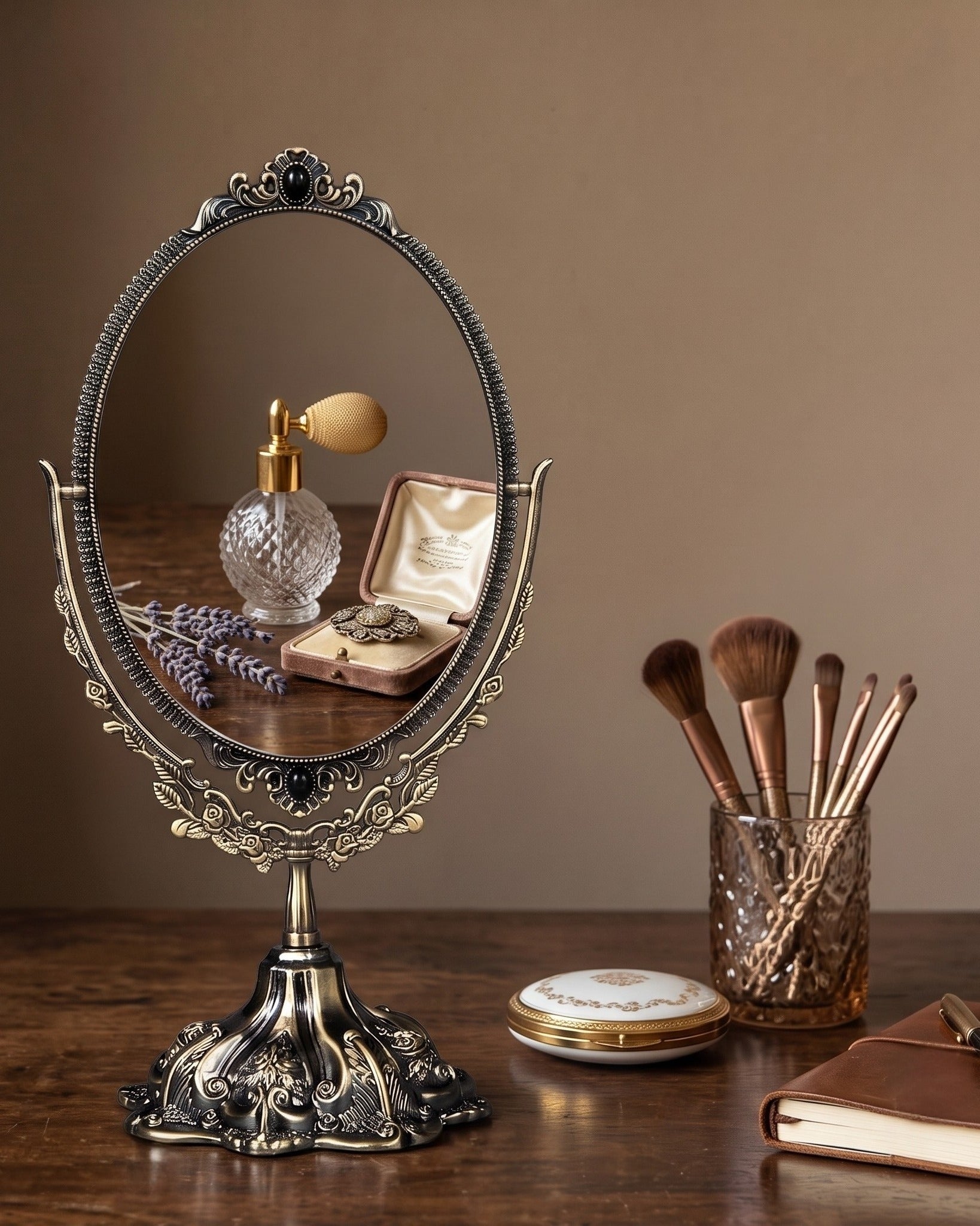The Renaissance Oval Swivel Mirror  Ornate Dual-Sided Tabletop Vanity Mirror in Antique Bronze Finish