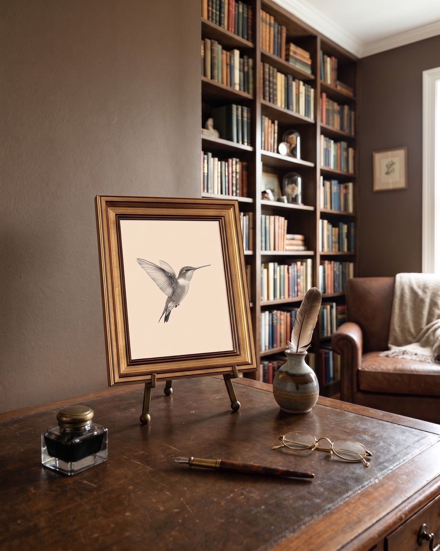 Vintage Hummingbird Sketch Artwork in Antique Gold Frame